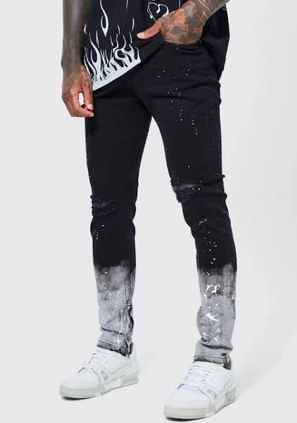 Mens True Black Skinny Stretch Ombre Paint Detail Jeans