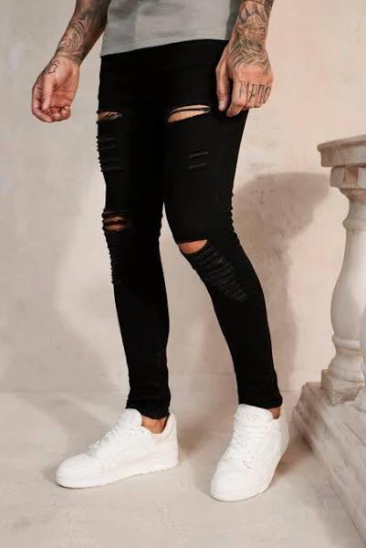 Mens True Black Super Skinny Jeans With All Over rips