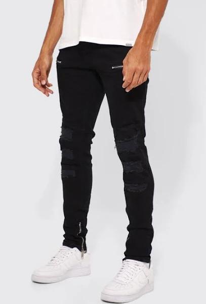 Mens True Black Tall Skinny Fit Large Biker Panel Jean