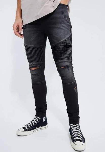 Mens True Black Tall Super Skinny Ripped Biker Jean