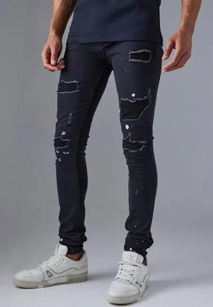 Mens True Black Tall Super Skinny Ripped Paint Splatter Jeans