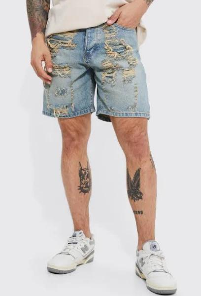 Mens Vintage Blue Relaxed Rigid Rip and Repair Denim Shorts