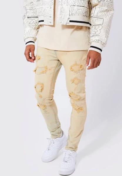 Mens Vintage Blue Skinny Stretch Bleached Ripped Jeans