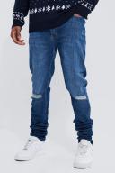 Mens Vintage Blue Tall Skinny Stretch Stacked Ripped Knee Jeans