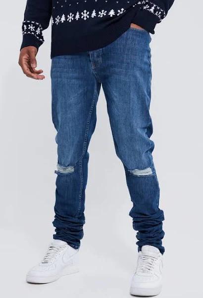 Mens Vintage Blue Tall Skinny Stretch Stacked Ripped Knee Jeans
