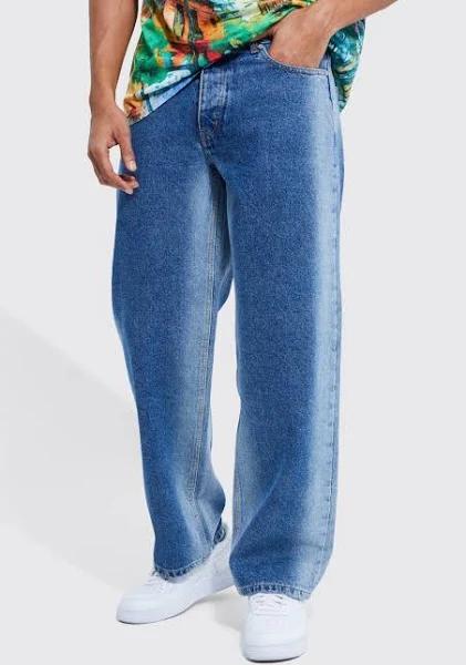 Mens Washed Black Baggy Rigid Bleached Jean