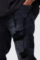 Mens Washed Black Plus Skinny Stretch All Over Rip Stacked Jeans