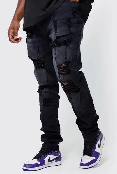 Mens Washed Black Plus Skinny Stretch All Over Rip Stacked Jeans