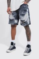 Mens Washed Black Relaxed Fit Extreme Rip Bleached Denim Shorts