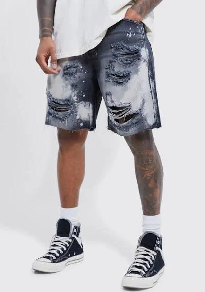Mens Washed Black Relaxed Fit Extreme Rip Bleached Denim Shorts
