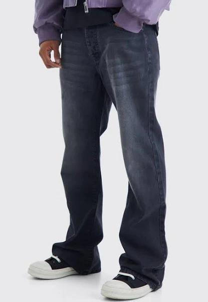 Mens Washed Black Relaxed Rigid Flare Jean