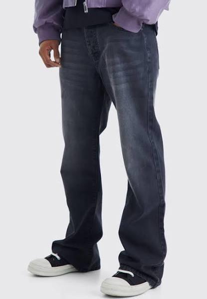 Mens Washed Black Relaxed Rigid Flare Jean