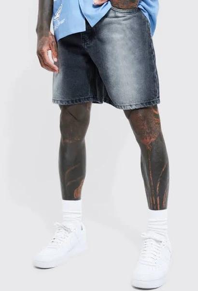 Mens Washed Black Relaxed Rigid Washed Panel Denim Shorts