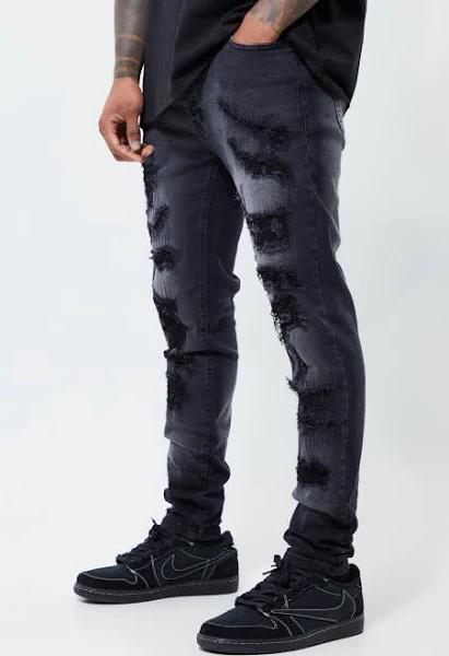 Mens Washed Black Skinny Stretch All Over Ripped Jeans