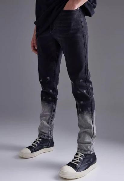 Mens Washed Black Skinny Stretch Bleach Detail Jeans