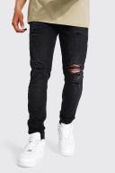 Mens Washed Black Skinny Stretch Extreme Knee Rip Jeans