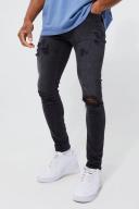 Mens Washed Black Skinny Stretch Extreme Knee Rip Jeans