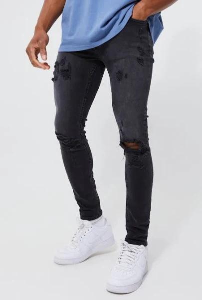 Mens Washed Black Skinny Stretch Extreme Knee Rip Jeans