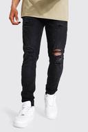 Mens Washed Black Skinny Stretch Extreme Knee Rip Jeans