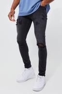 Mens Washed Black Skinny Stretch Extreme Knee Rip Jeans