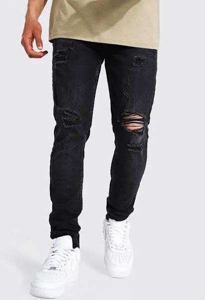 Mens Washed Black Skinny Stretch Extreme Knee Rip Jeans