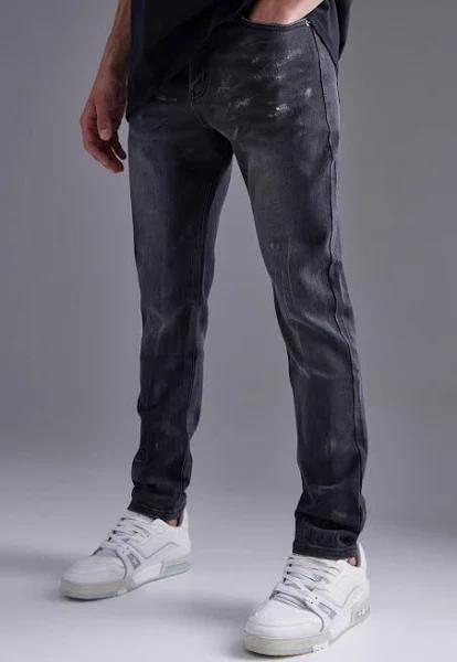Mens Washed Black Skinny Stretch Jeans With Metallic Wiskering