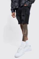 Mens Washed Black Skinny Stretch Multi Rip Denim Shorts