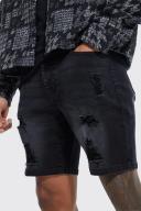 Mens Washed Black Skinny Stretch Multi Rip Denim Shorts