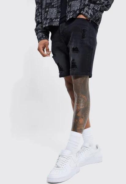 Mens Washed Black Skinny Stretch Multi Rip Denim Shorts