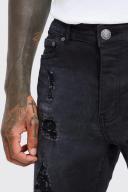 Mens Washed Black Skinny Stretch Multi Rip Denim Shorts