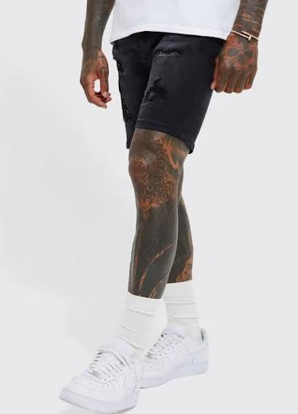 Mens Washed Black Skinny Stretch Multi Rip Denim Shorts