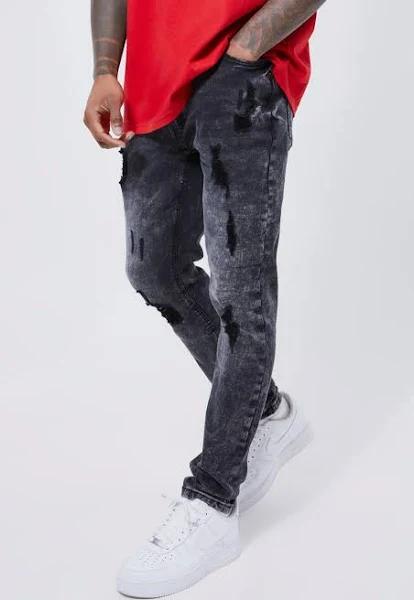 Mens Washed Black Skinny Stretch Multi Rip Jeans