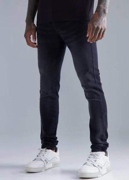 Mens Washed Black Skinny Stretch Stacked Jeans