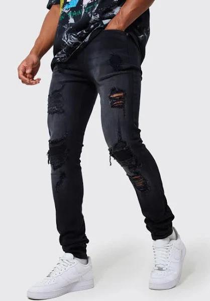 Mens Washed Black Skinny Stretch Stacked Leg Rip & Repair Jeans