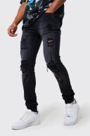 Mens Washed Black Skinny Stretch Stacked Leg Rip & Repair Jeans