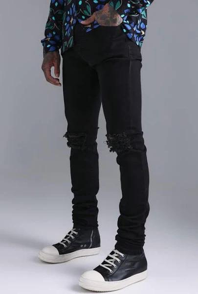 Mens Washed Black Skinny Stretch Stacked Ripped Knee Jeans