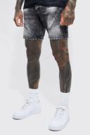 Mens Washed Black Slim Stretch Biker Detail Denim Shorts