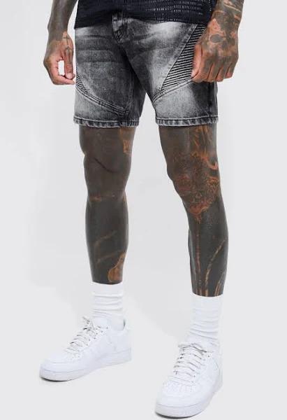 Mens Washed Black Slim Stretch Biker Detail Denim Shorts