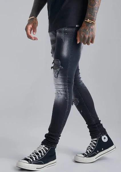 Mens Washed Black Super Skinny Distressed Paint Splat Jeans