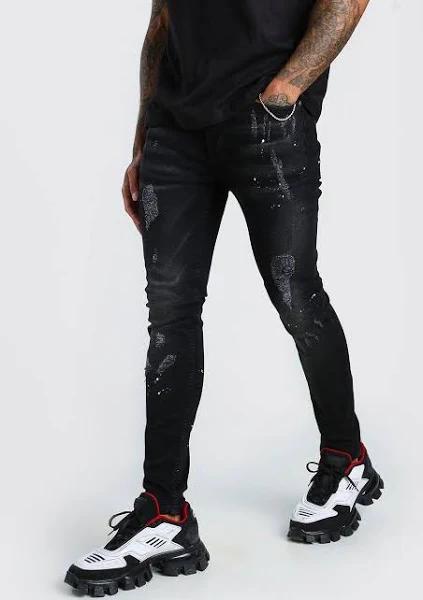 Mens Washed Black Super Skinny Distressed Paint Splat Jeans