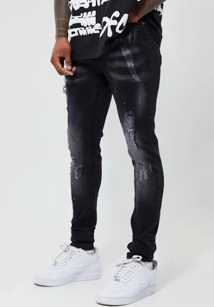 Mens Washed Black Super Skinny Distressed Paint Splat Jeans