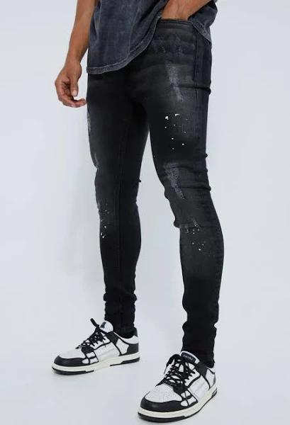 Mens Washed Black Super Skinny Distressed Paint Splat Jeans