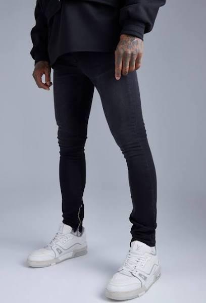 Mens Washed Black Super Skinny Stretch Jeans with Zip Hem