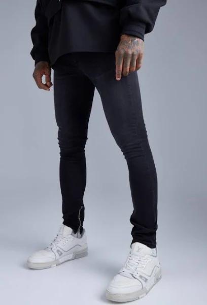Mens Washed Black Super Skinny Stretch Jeans With Zip Hem