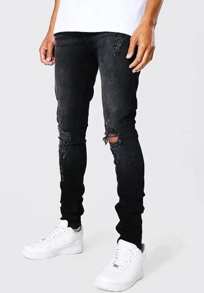 Mens Washed Black Tall Skinny Busted Knee Distressed Jean