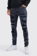 Mens Washed Black Tall Skinny Stretch All Over Ripped Jeans