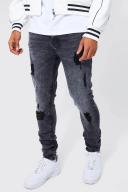 Mens Washed Black Tall Skinny Stretch Multi Rip Jeans