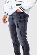 Mens Washed Black Tall Skinny Stretch Multi Rip Jeans