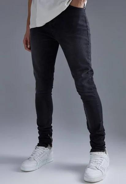 Mens Washed Black Tall Super Skinny Stretch Jean With Zip Hem