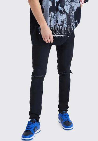 Mens Washed Black Tall Super Skinny Stretch Ripped Knee Jeans